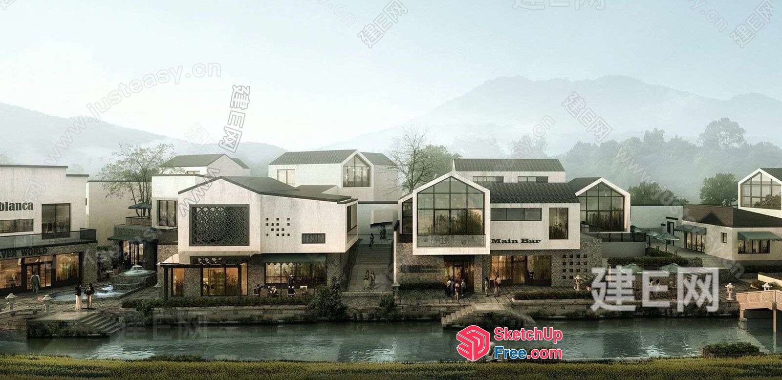 Modern Asian-Inspired Waterfront Village 3D SketchUp File