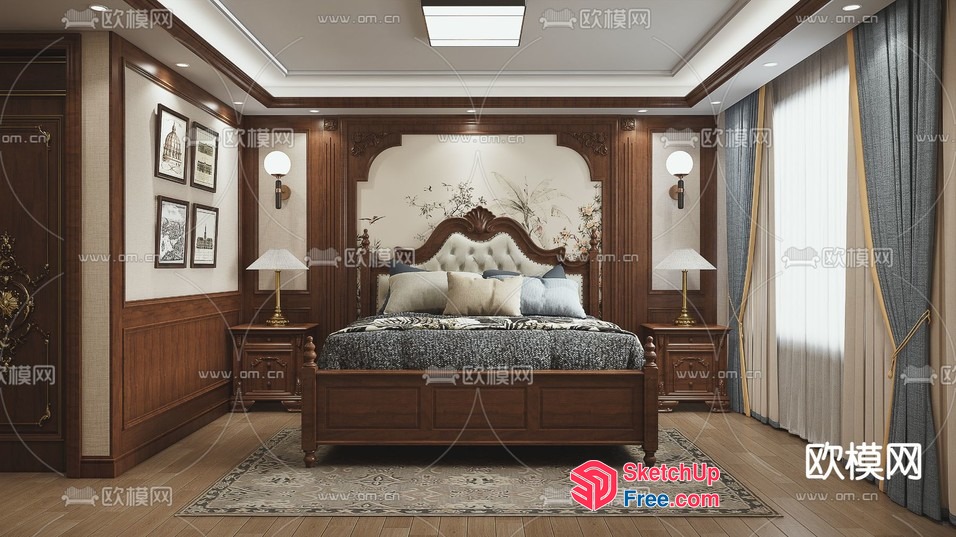 Traditional European Style Bedroom With Ornate Bed Frame And Pillows 3D SketchUp File