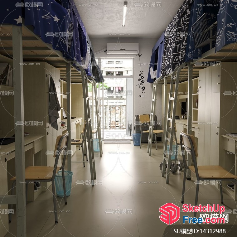 Cozy Dormitory Interior With Bunk Beds And Desks 3D SketchUp File