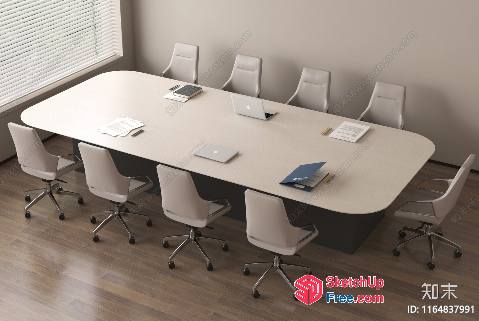 Long Conference Table With Rolling Chairs And Laptops 3D SketchUp File