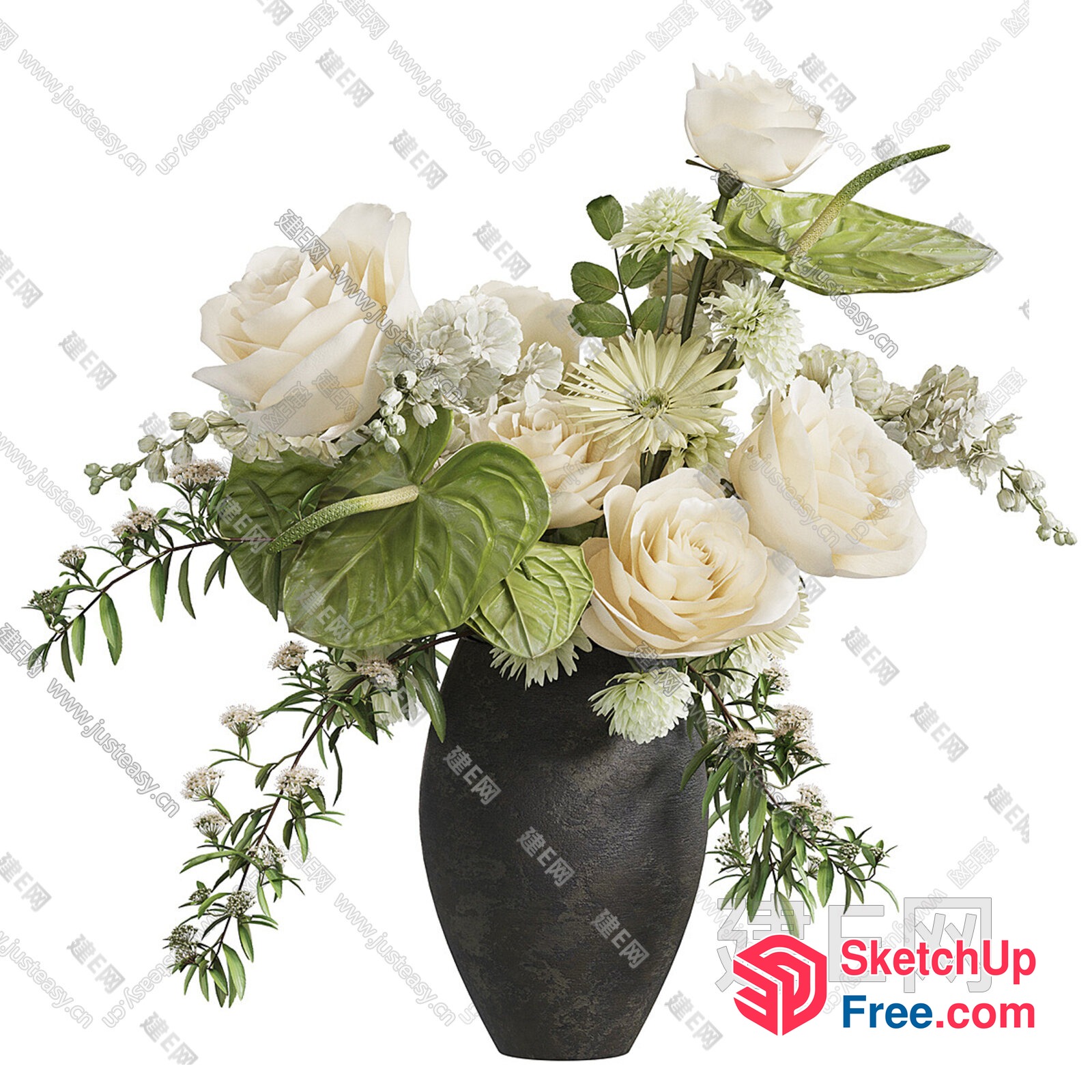 Elegant White And Green Floral Arrangement In A Dark Vase 3D SketchUp File