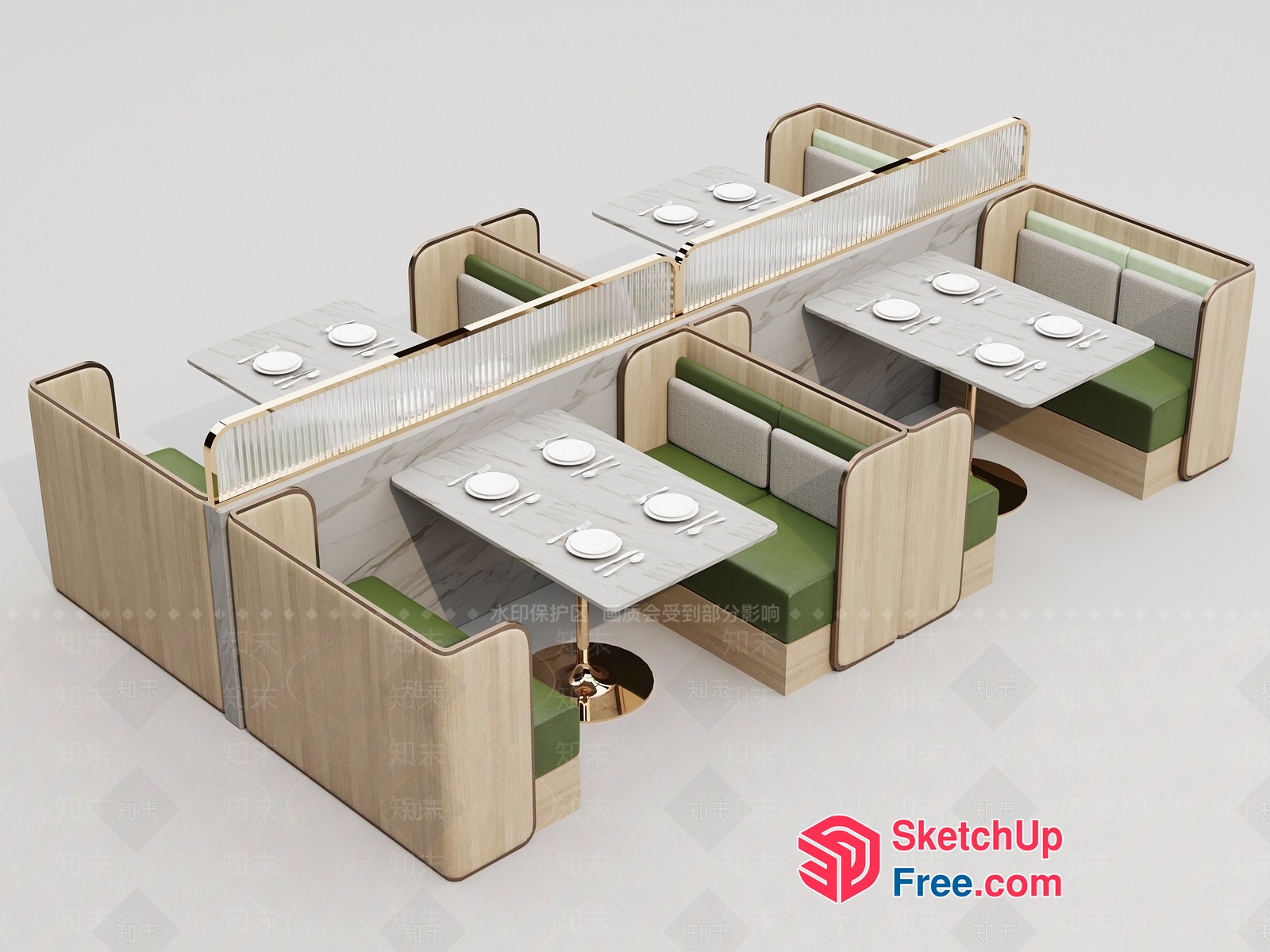 Modern Restaurant Booths With Green And White Seating 3D SketchUp File