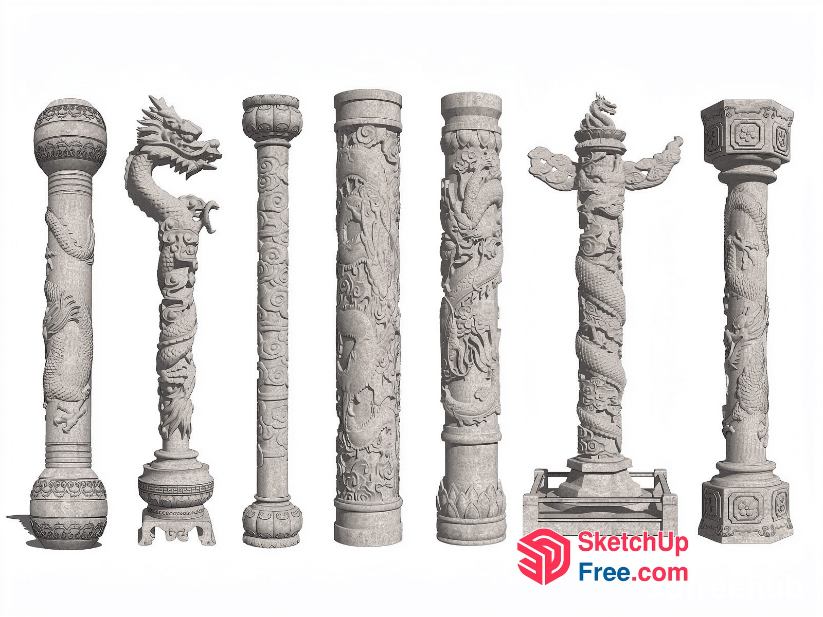 Ornate Stone Pillars With Intricate Dragon Carvings 3D SketchUp File