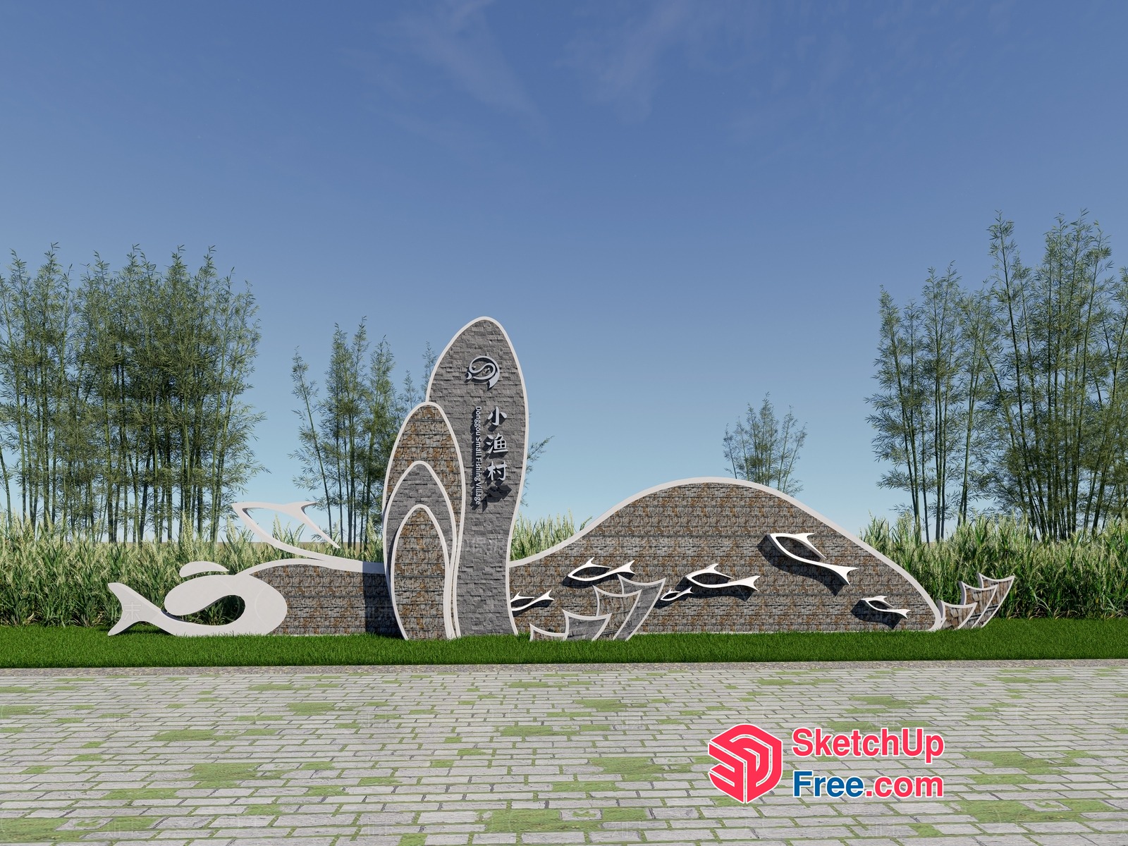 Modern Stone Sculpture With Fish Design 3D SketchUp File
