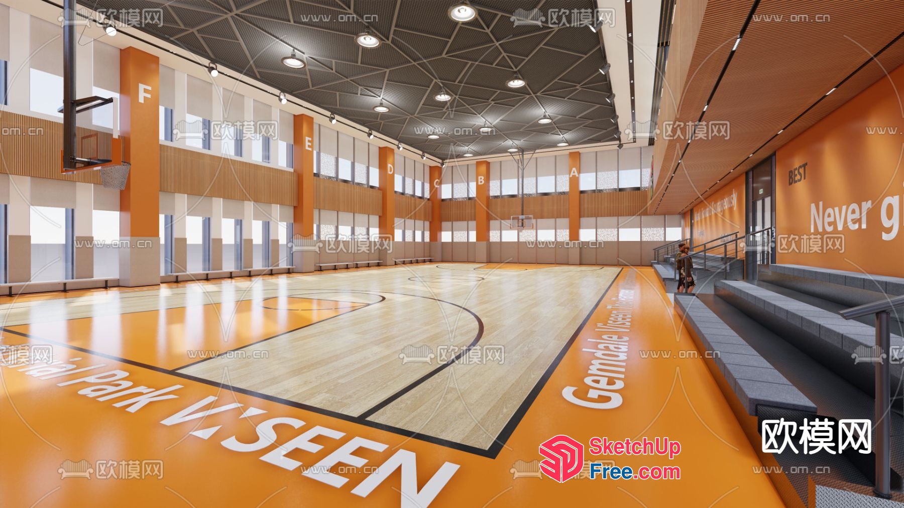 A Basketball Court With A Large Orange Floor And Light Wood 3D SketchUp File