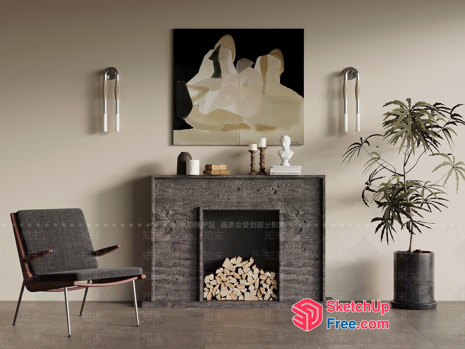 Minimalist Fireplace And Artistic Painting 3D SketchUp File
