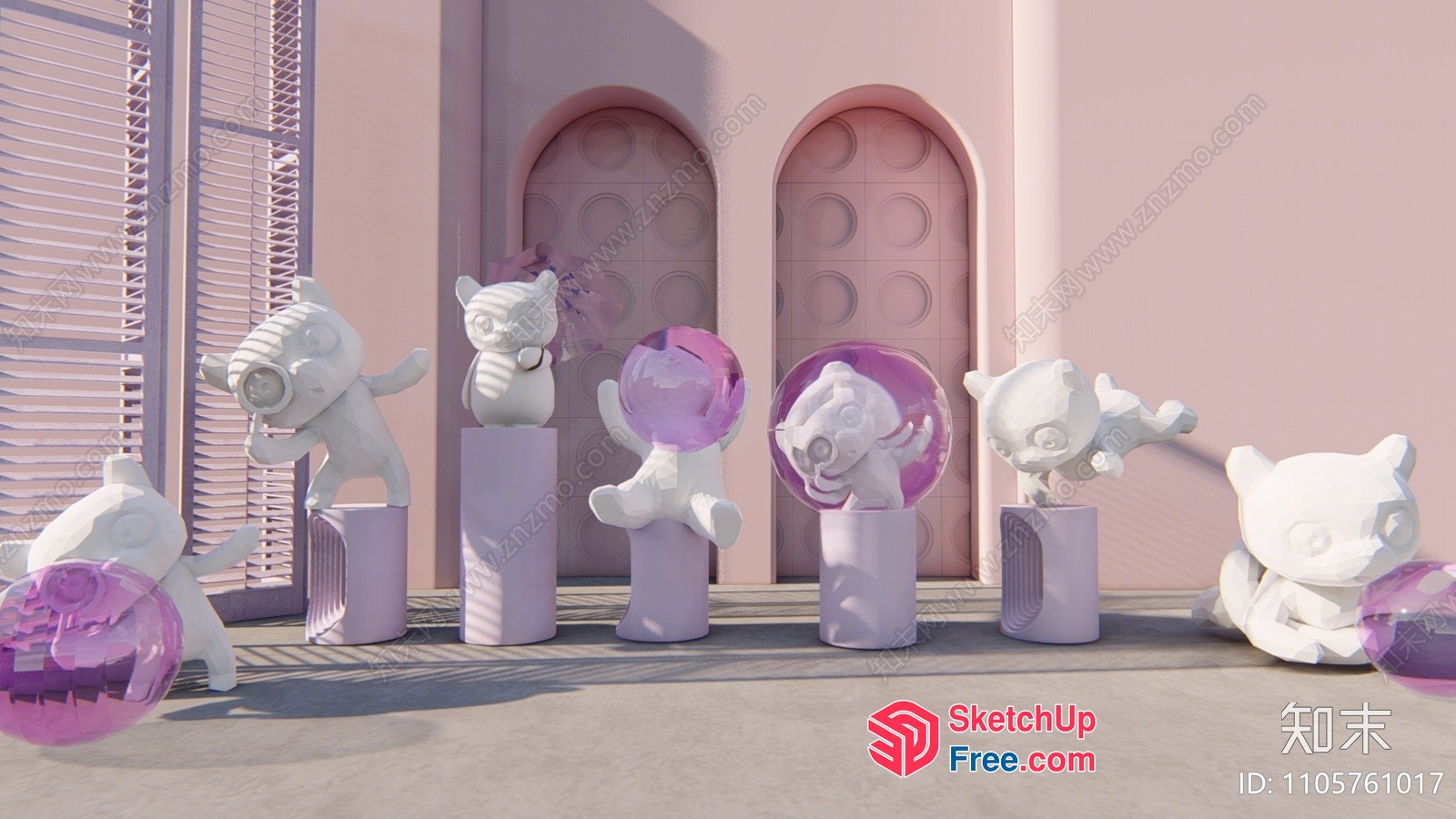 Cartoon Animals In Front Of Pink Arches And Windows 3D SketchUp File