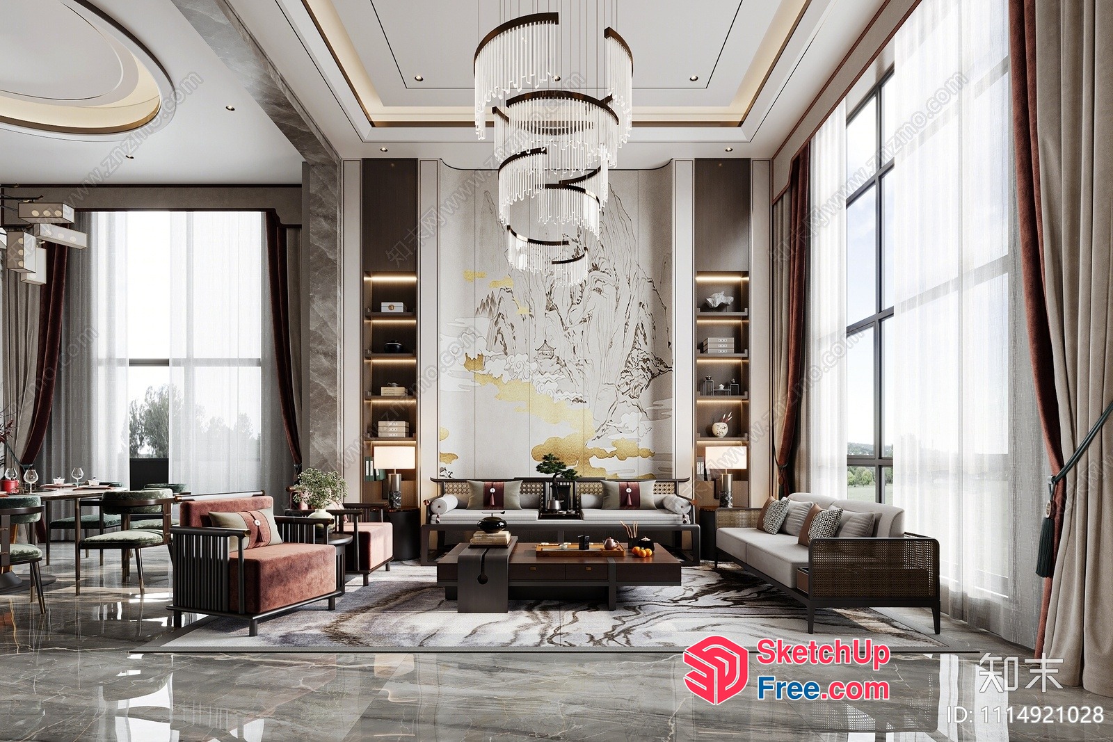 Elegant Living Room With Modern Furniture And Chandelier 3D SketchUp File