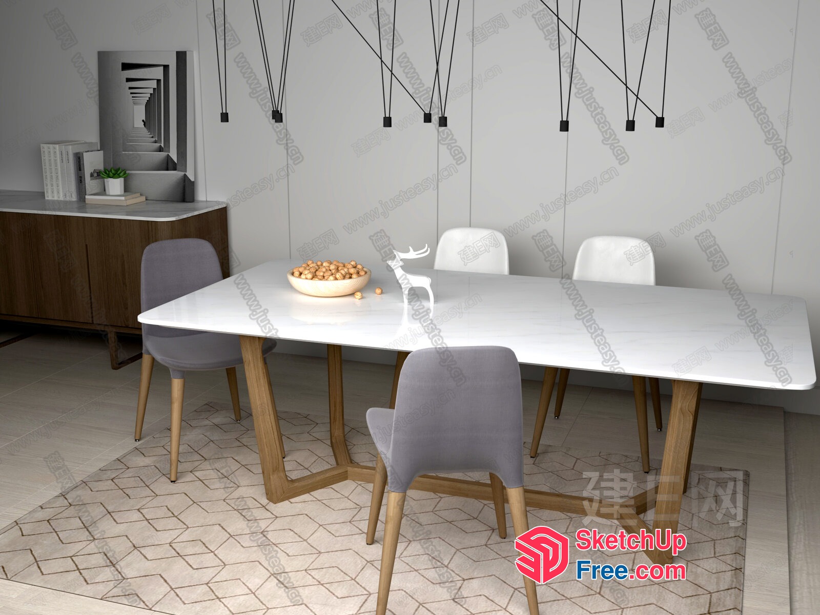 Modern Dining Room With White Table And Gray Chairs 3D SketchUp File