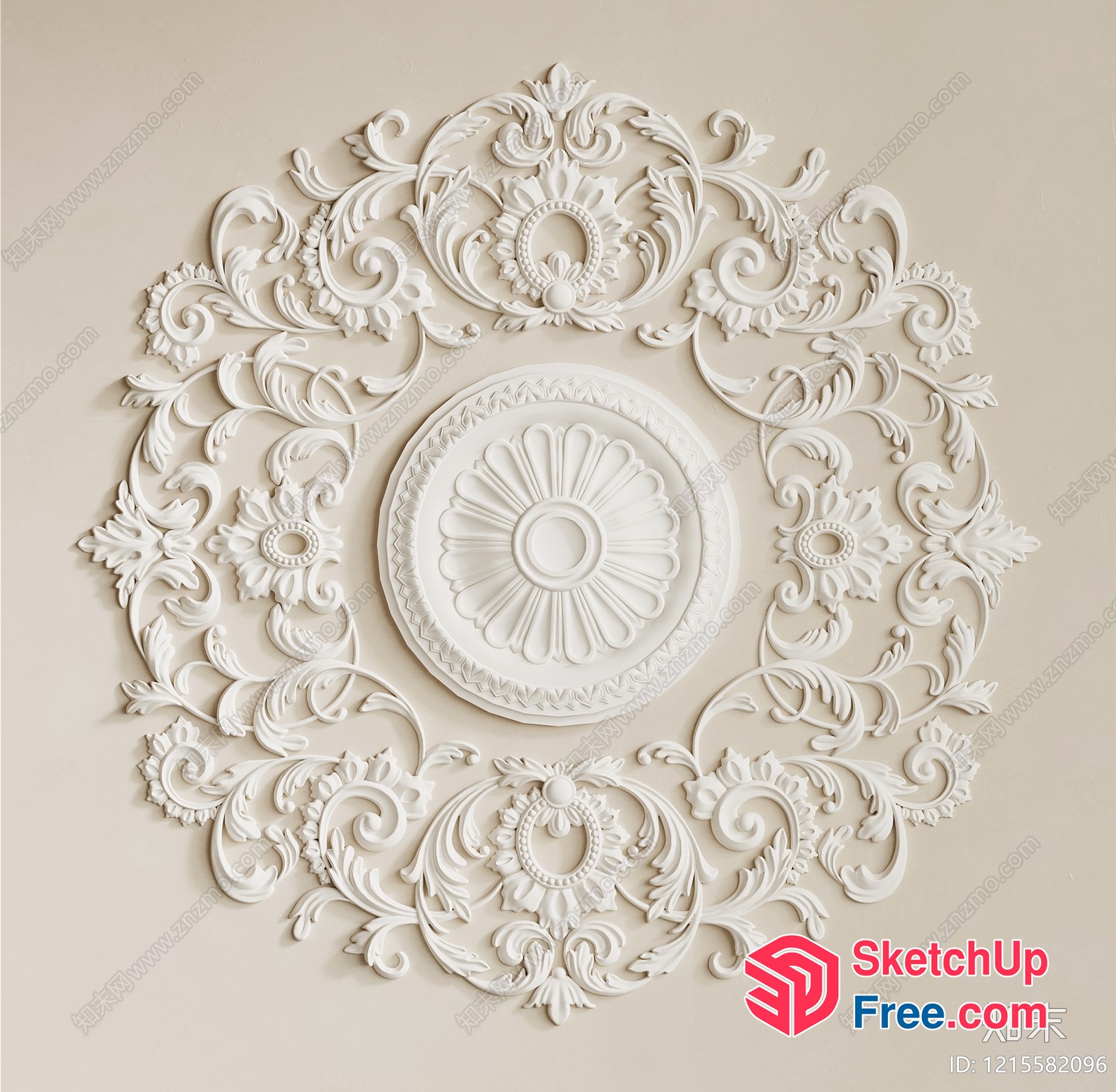 Elegant White Carved Floral Ceiling Decoration 3D SketchUp File