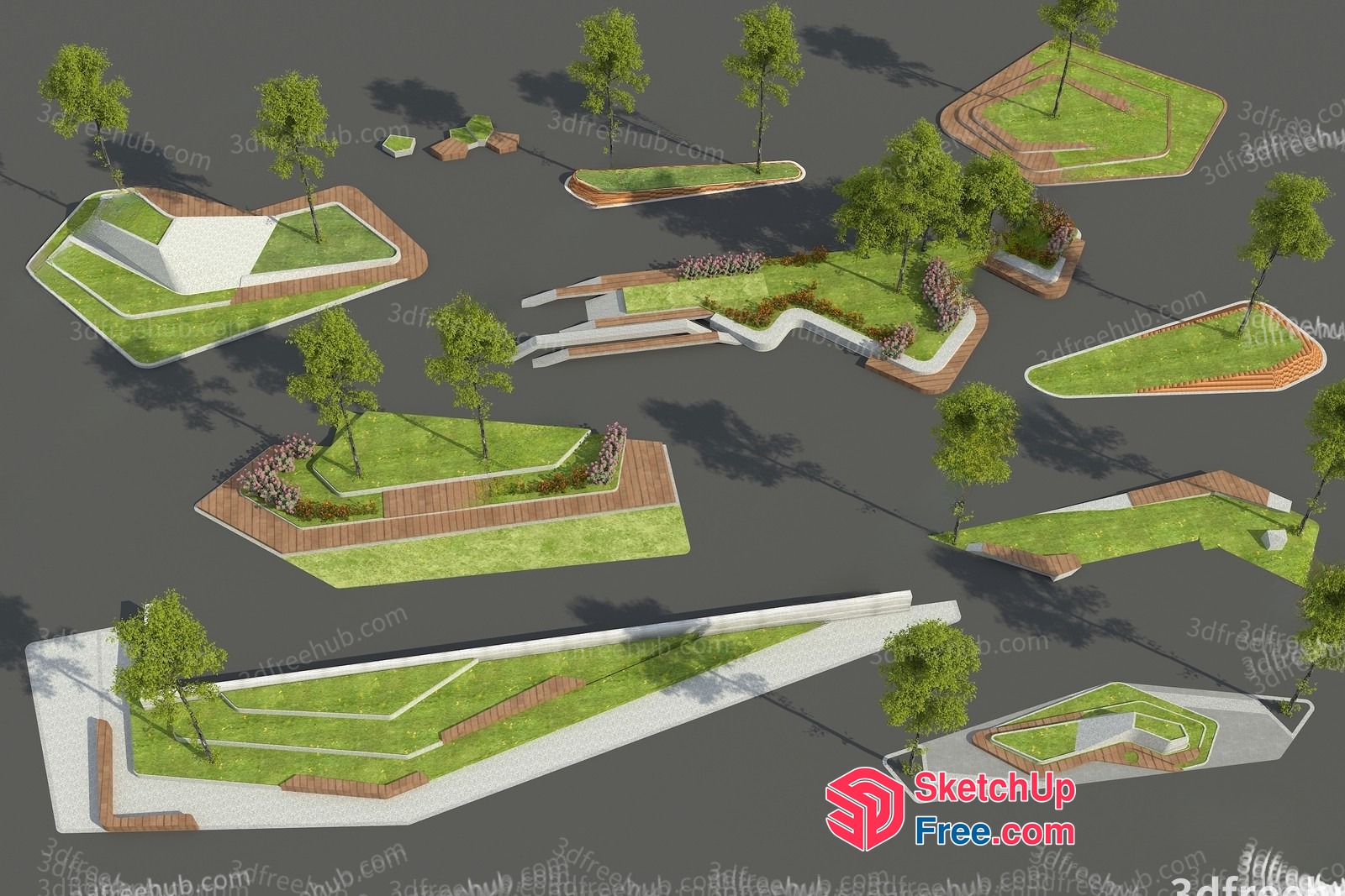 3D Park Design With Greenery And Walking Paths 3D SketchUp File