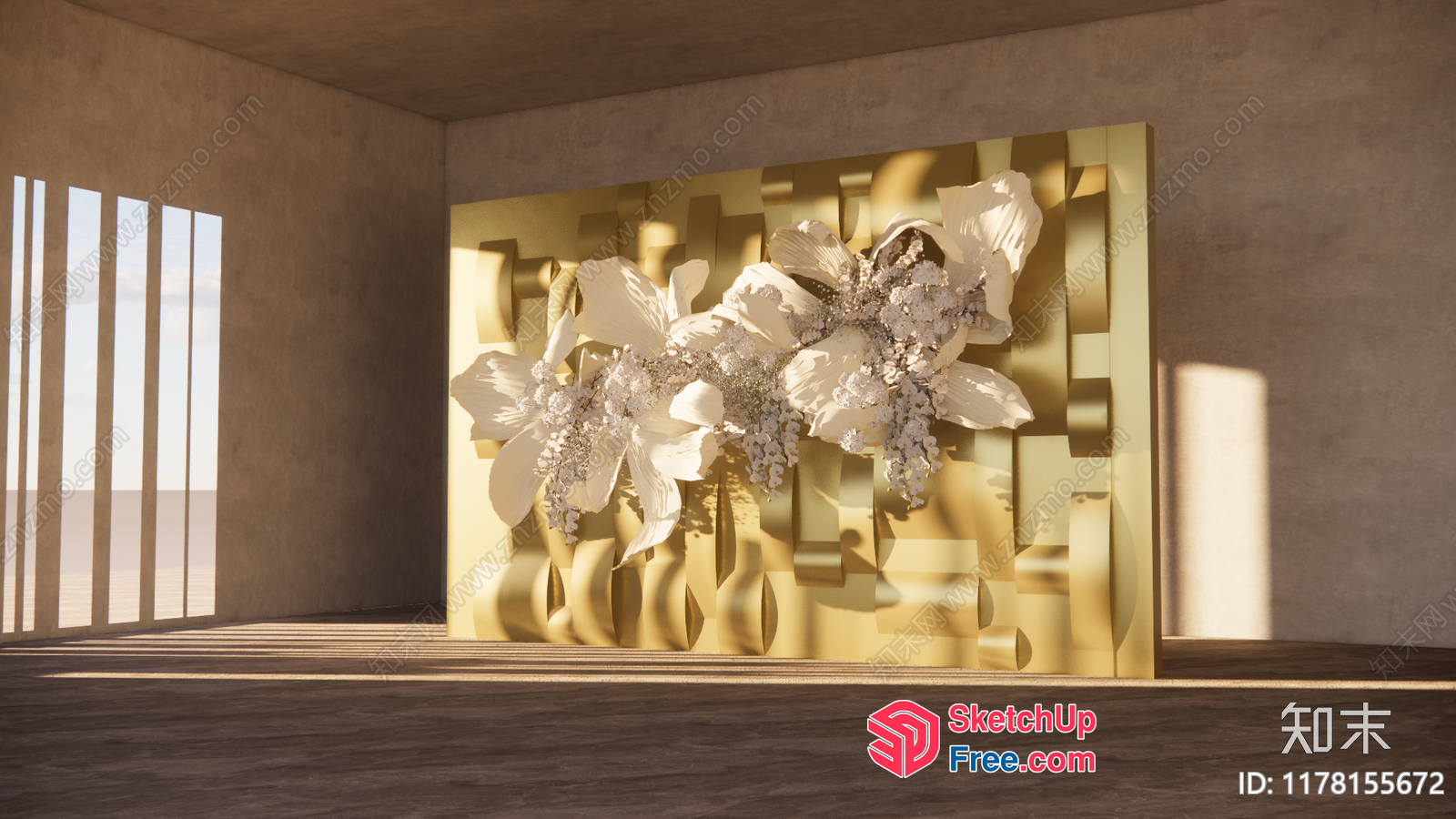 Large White Flowers On Gold Wall Art 3D SketchUp File