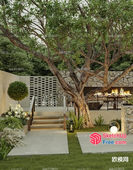 A Stairway Leading To A Serene Outdoor Space With A Tree 3D SketchUp File