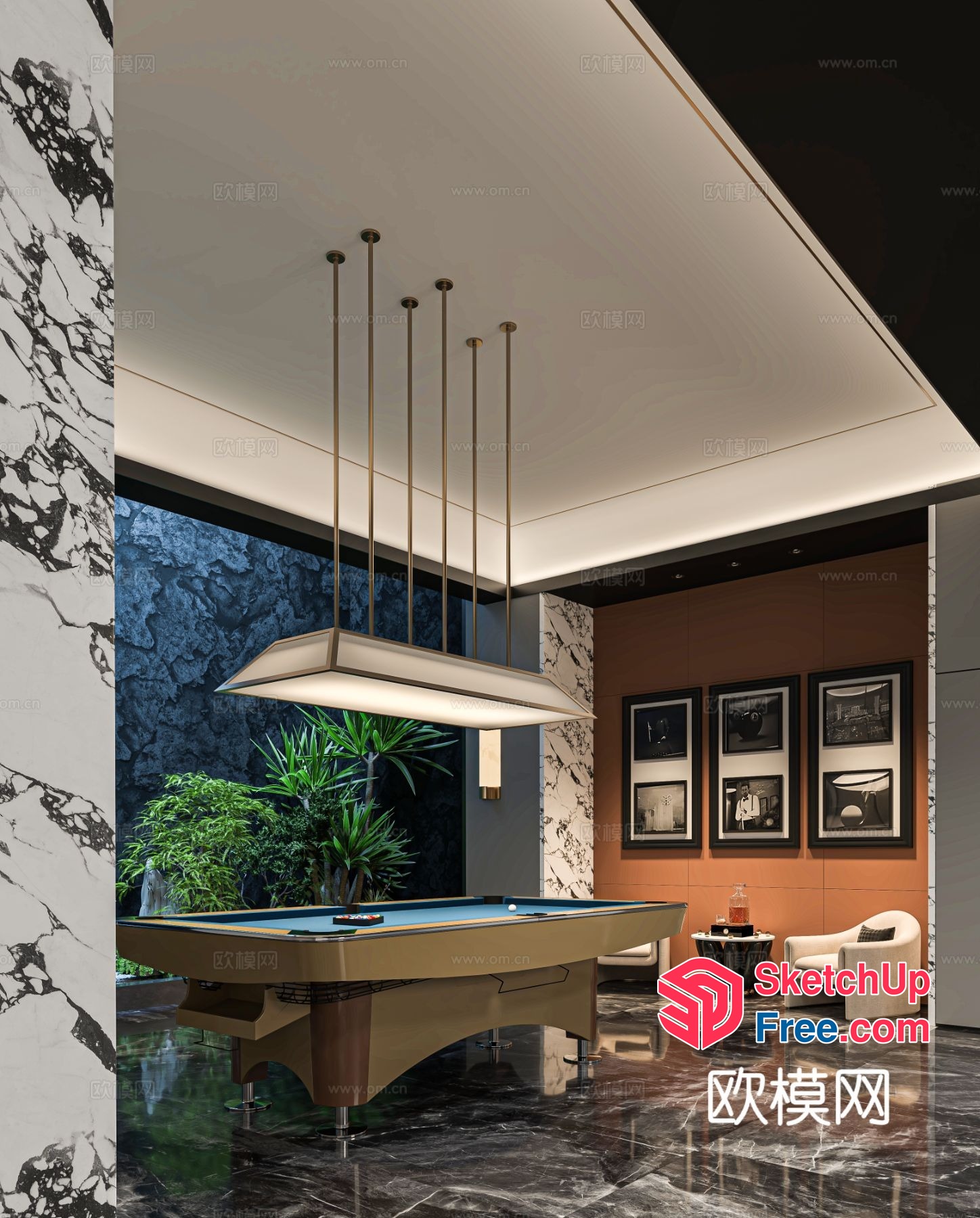Modern Pool Table In Luxurious Room Setting 3D SketchUp File