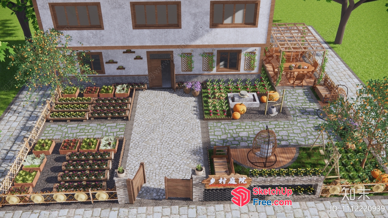 Outdoor Kitchen And Dining Area With Garden Decor 3D SketchUp File
