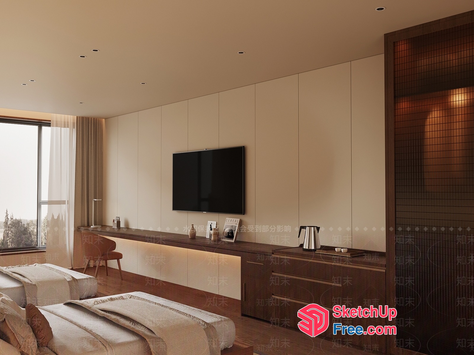 Minimalist Modern Bedroom With Built-In Tv And Storage 3D SketchUp File