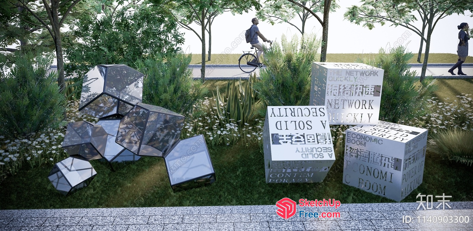 3D Model Of Cubes With Words And Glass Blocks In A Park 3D SketchUp File