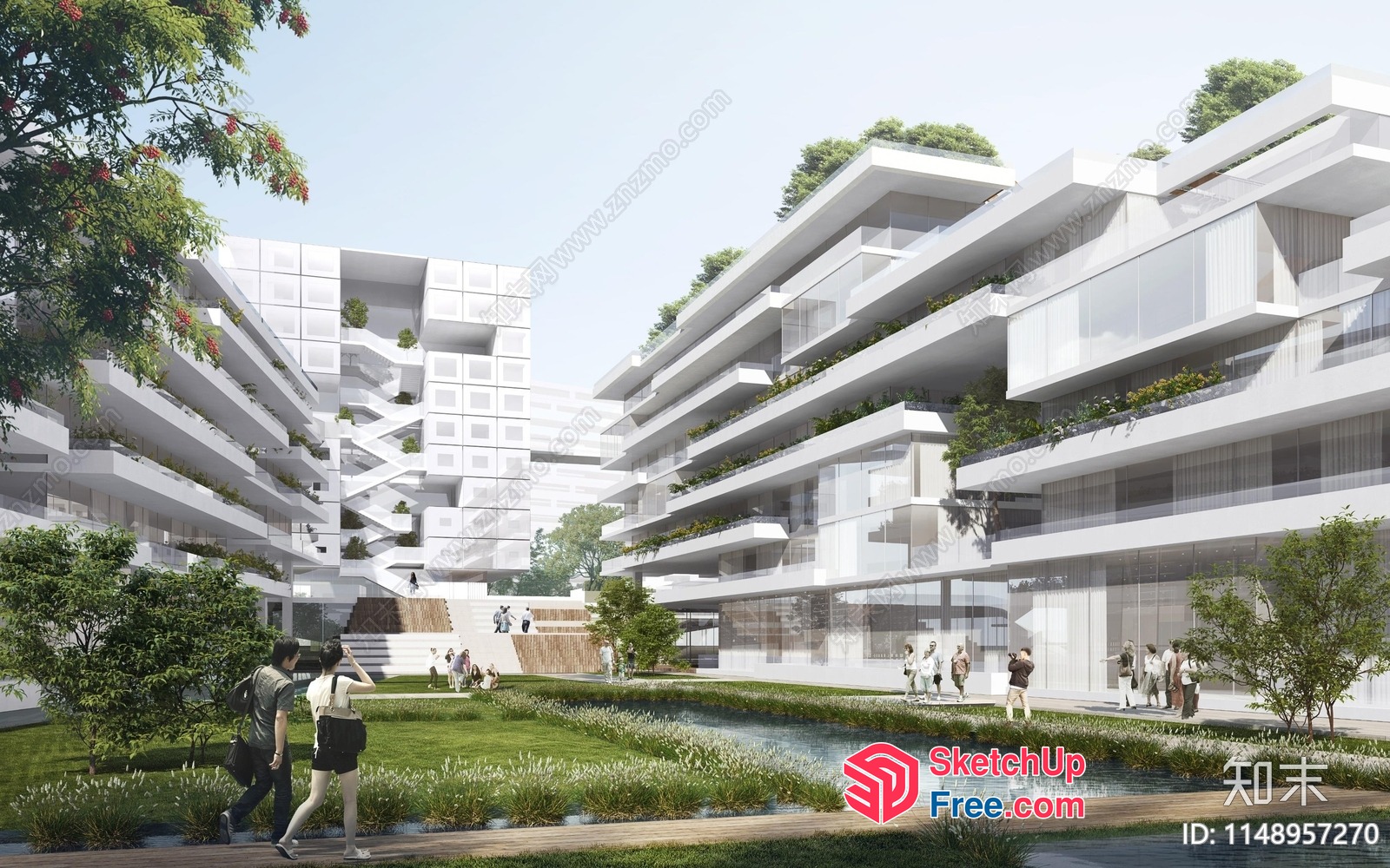 Modern White Residential Building With Greenery 3D SketchUp File