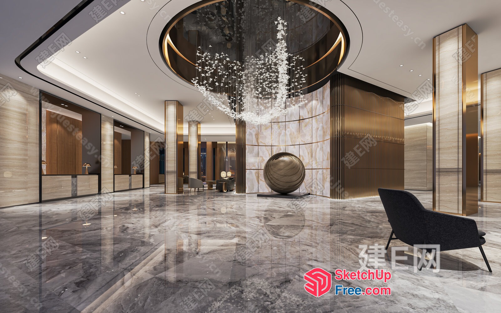Marble-Floor Modern Lobby With Elevator And Decorative Chandelier 3D SketchUp File
