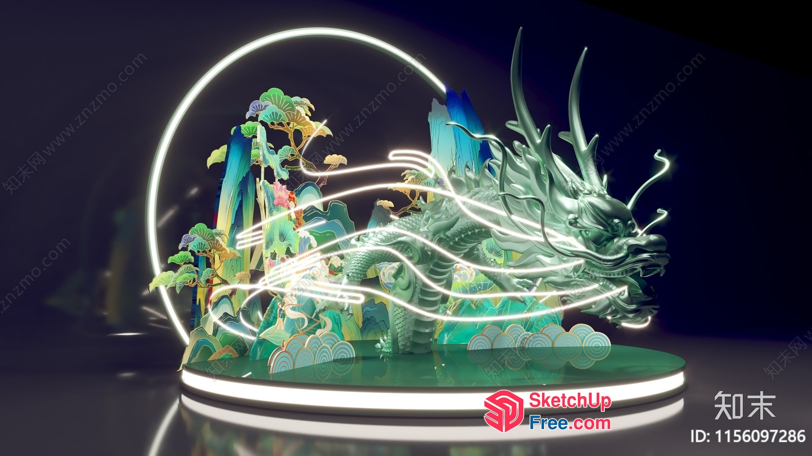 Chinese-Style Dragon Sculpture On A Green Platform 3D SketchUp File