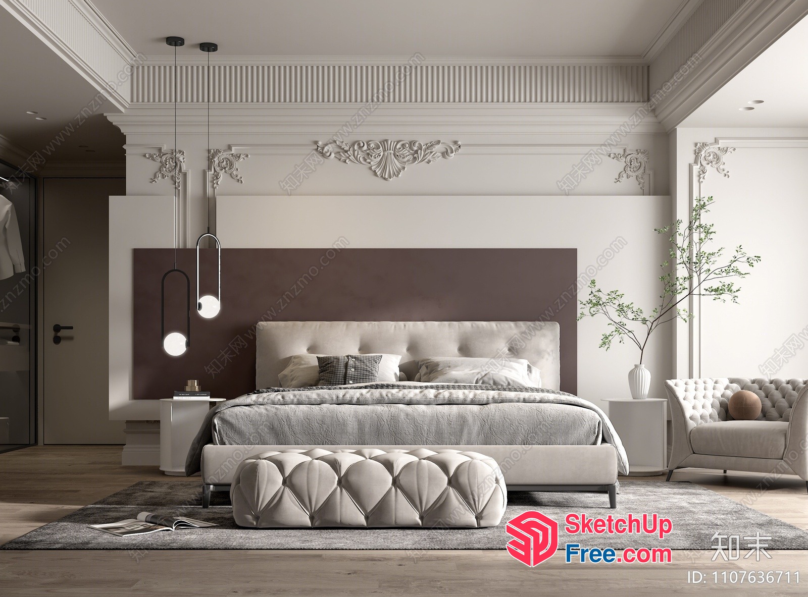 Classic Modern Bedroom Interior With Ornate Ceiling Detail 3D SketchUp File