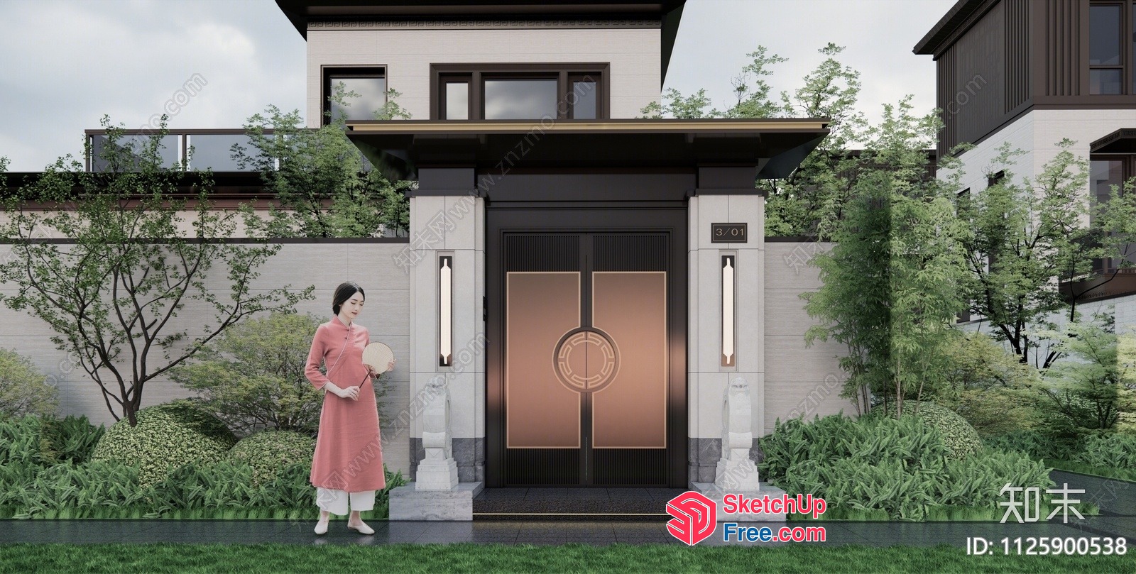 Elegant Modern Villa Entrance With Woman In Pink Dress 3D SketchUp File