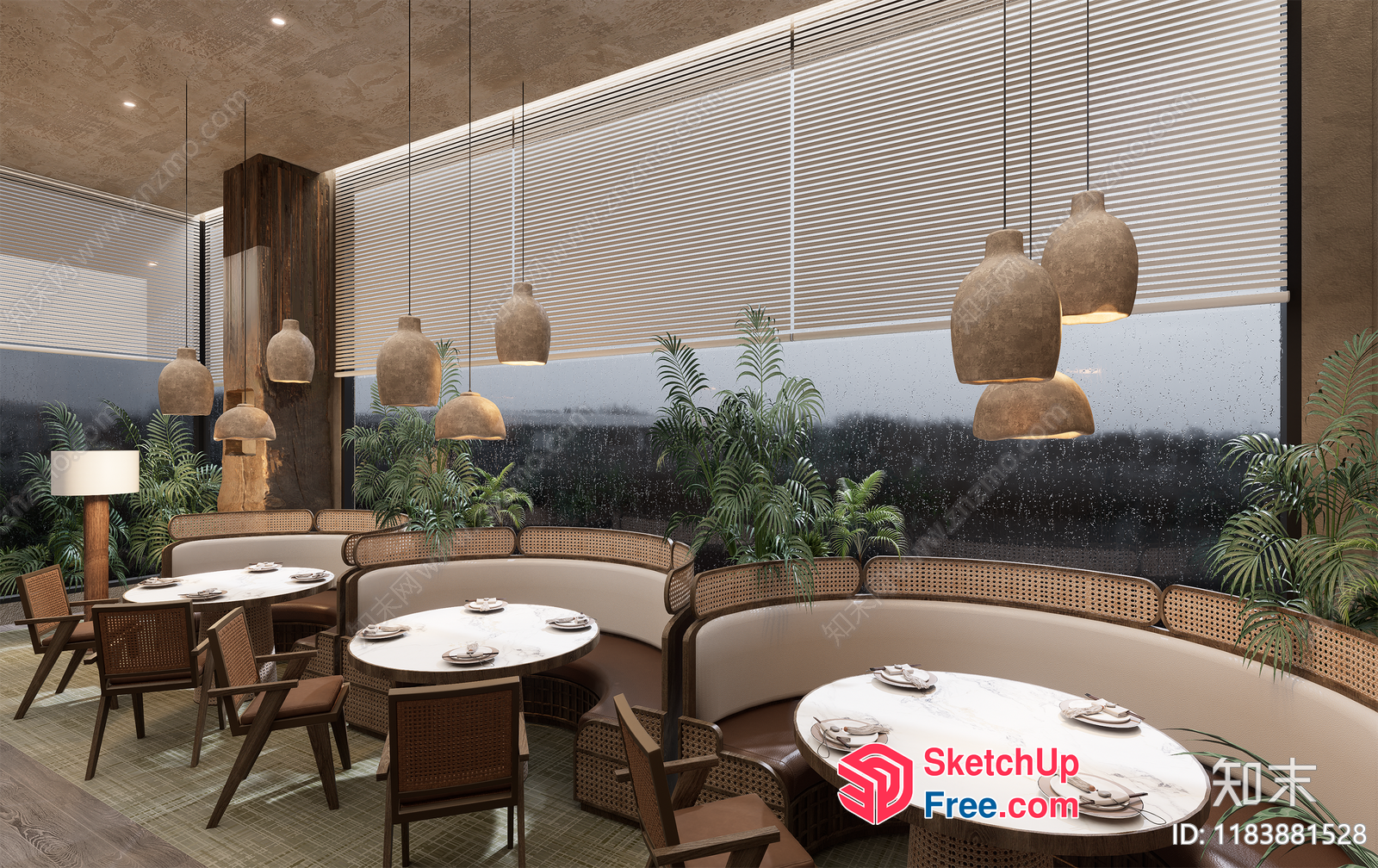 Elegant Modern Dining Room With Rattan Furniture And Hanging Lights 3D SketchUp File