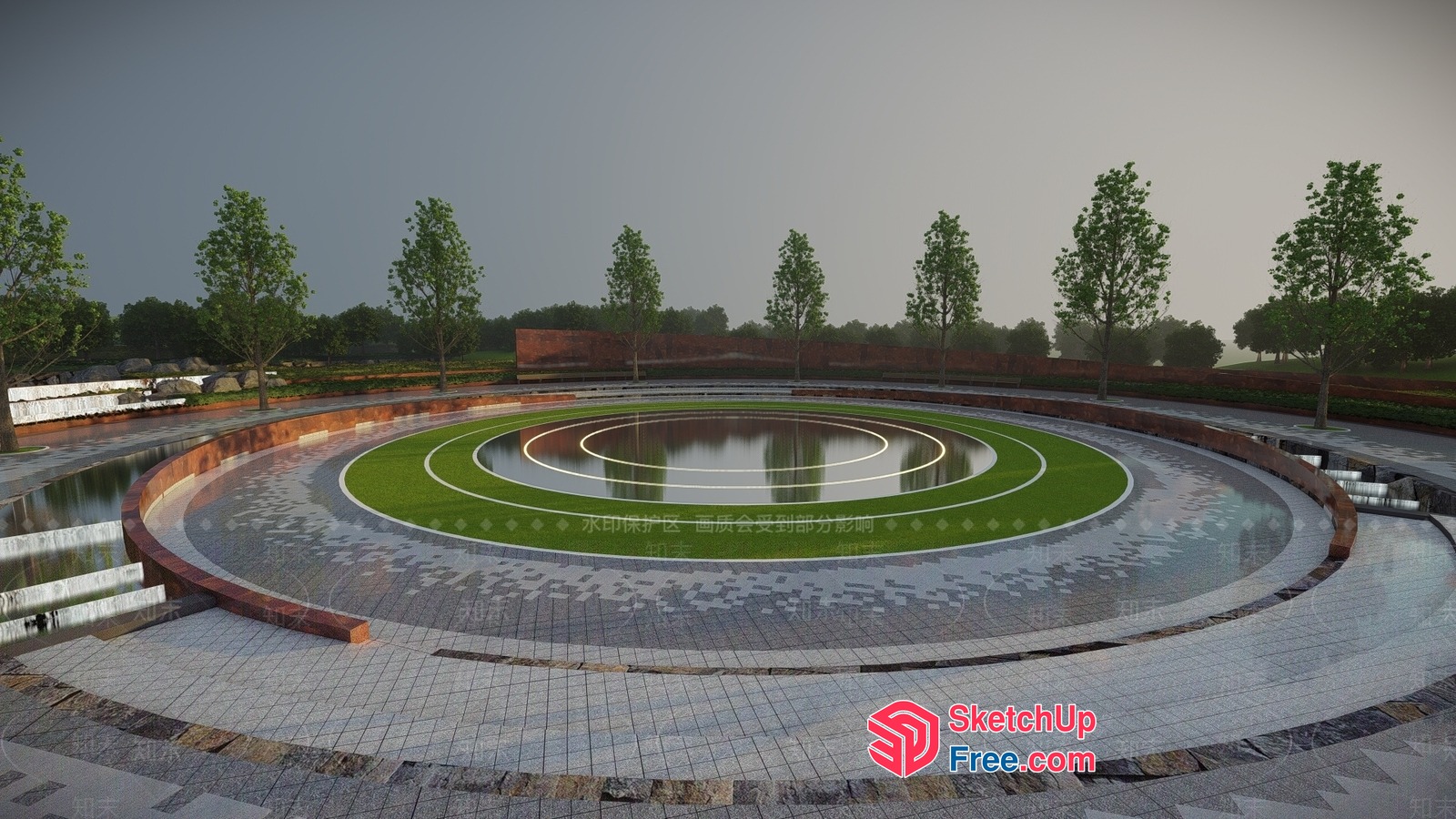 Circular Patterned Water Feature And Seating Area 3D SketchUp File
