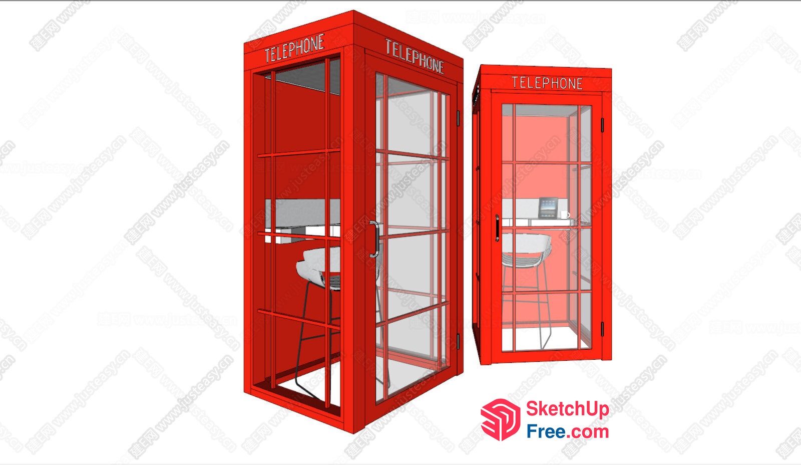 Telephone Booth Interior With Glass Door And Chair 3D SketchUp File