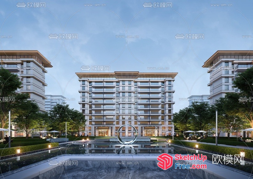 Modern Apartment Building With Elegant Courtyard 3D SketchUp File