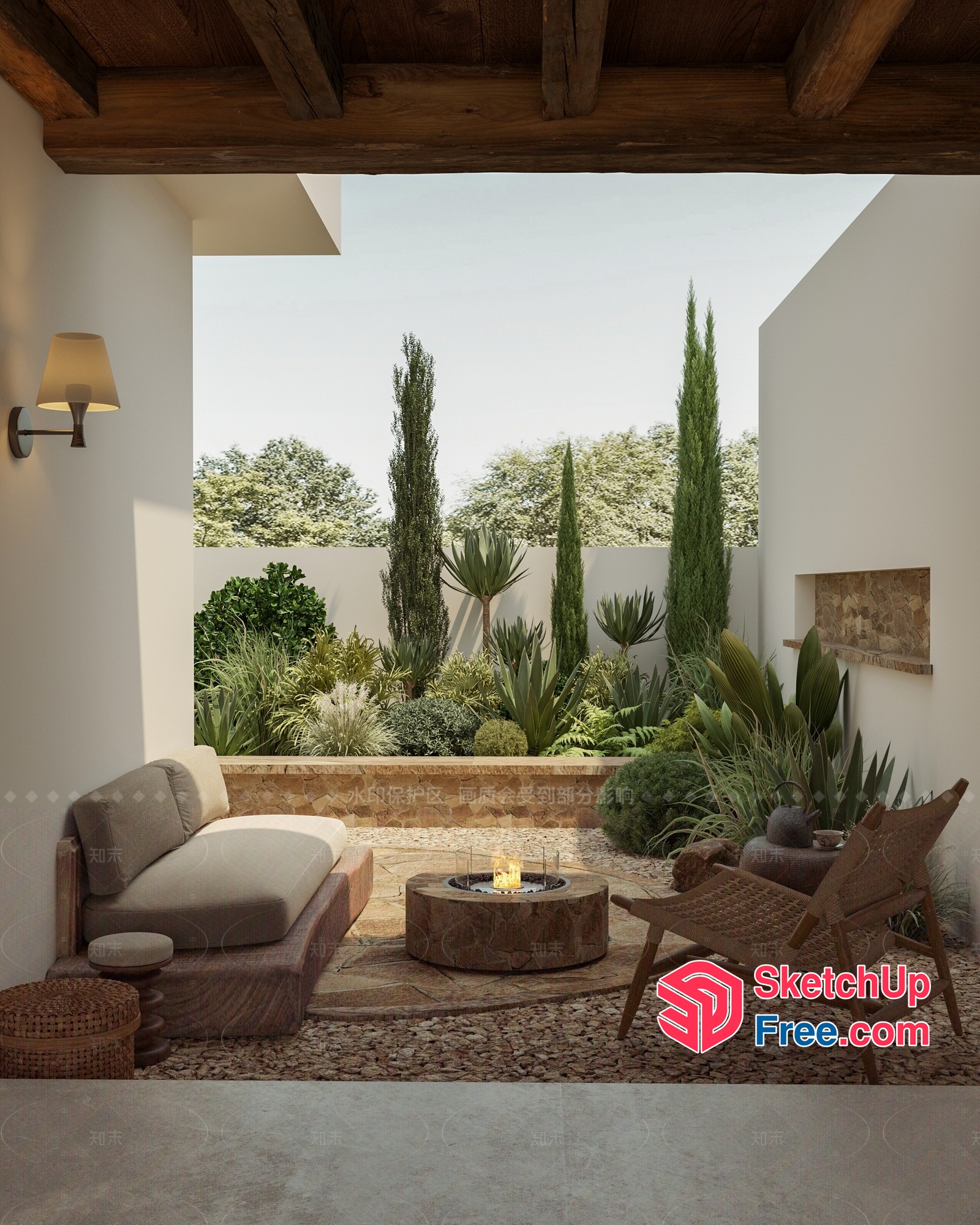 Cozy Outdoor Seating Area With Fire Pit And Natural Decor 3D SketchUp File