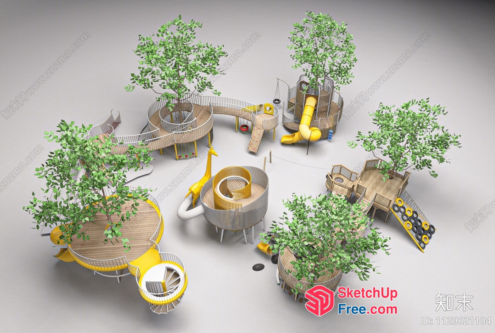 Modern Treehouse Play Area With Spiral Stairs And Animal Decor 3D SketchUp File
