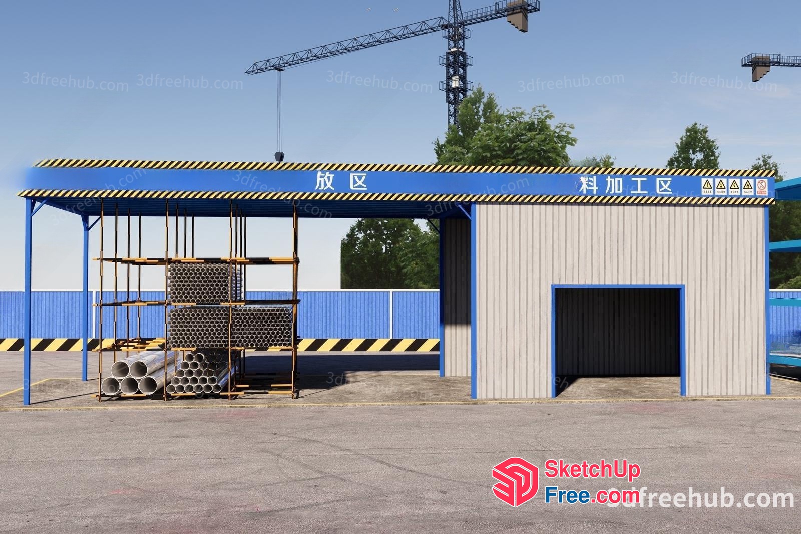Industrial Park Entrance With Blue And Yellow Striped Roof 3D SketchUp File