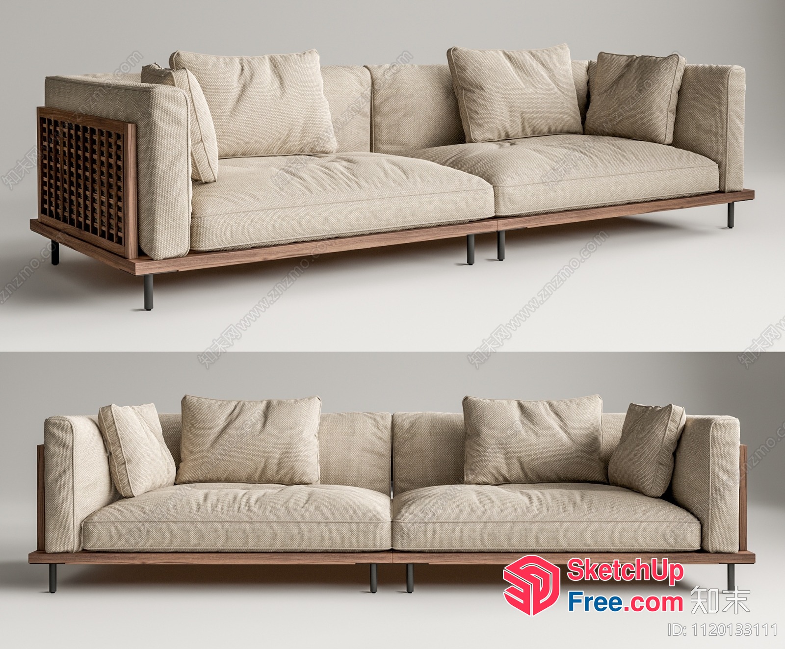 Modern Minimalist Sofa With Wooden Frame And Cream Cushions 3D SketchUp File