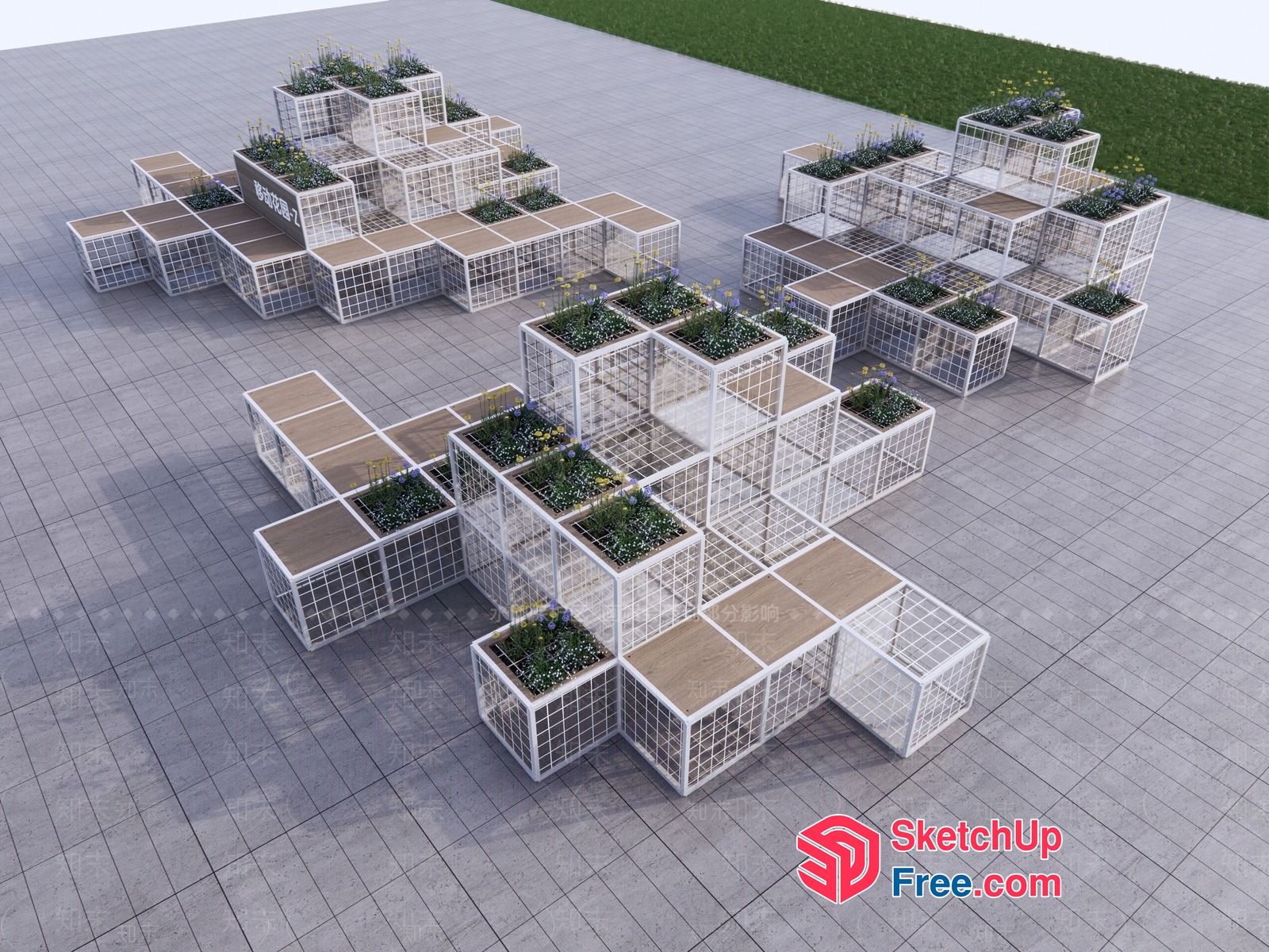 Modern Outdoor Furniture Set With Potted Plants And Wooden Accents 3D SketchUp File