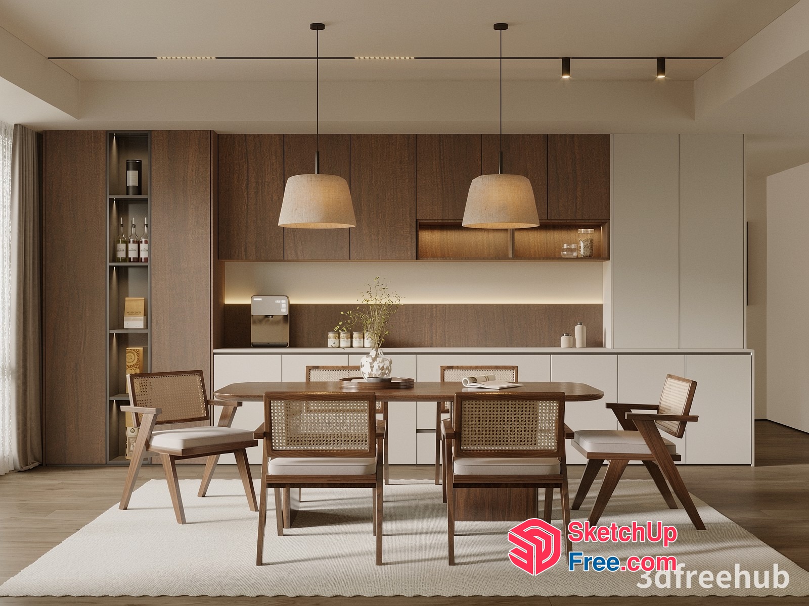 Elegant Dining Room With Wooden Table And Chairs 3D SketchUp File