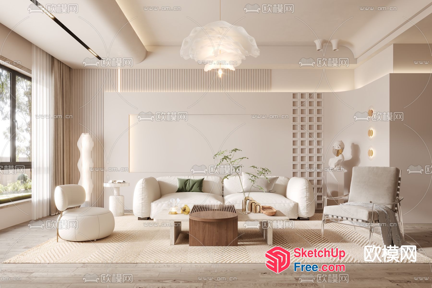 Modern Living Room With White Sofa And Accent Chair 3D SketchUp File
