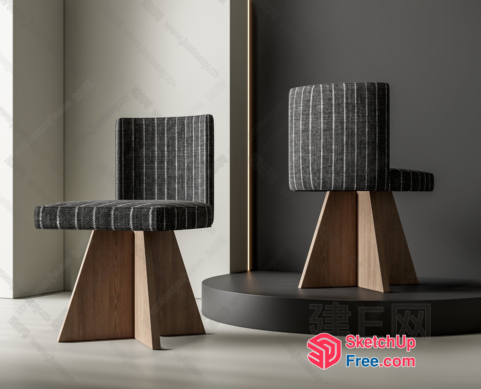 Modern Wooden Chairs With Grey Striped Upholstery 3D SketchUp File