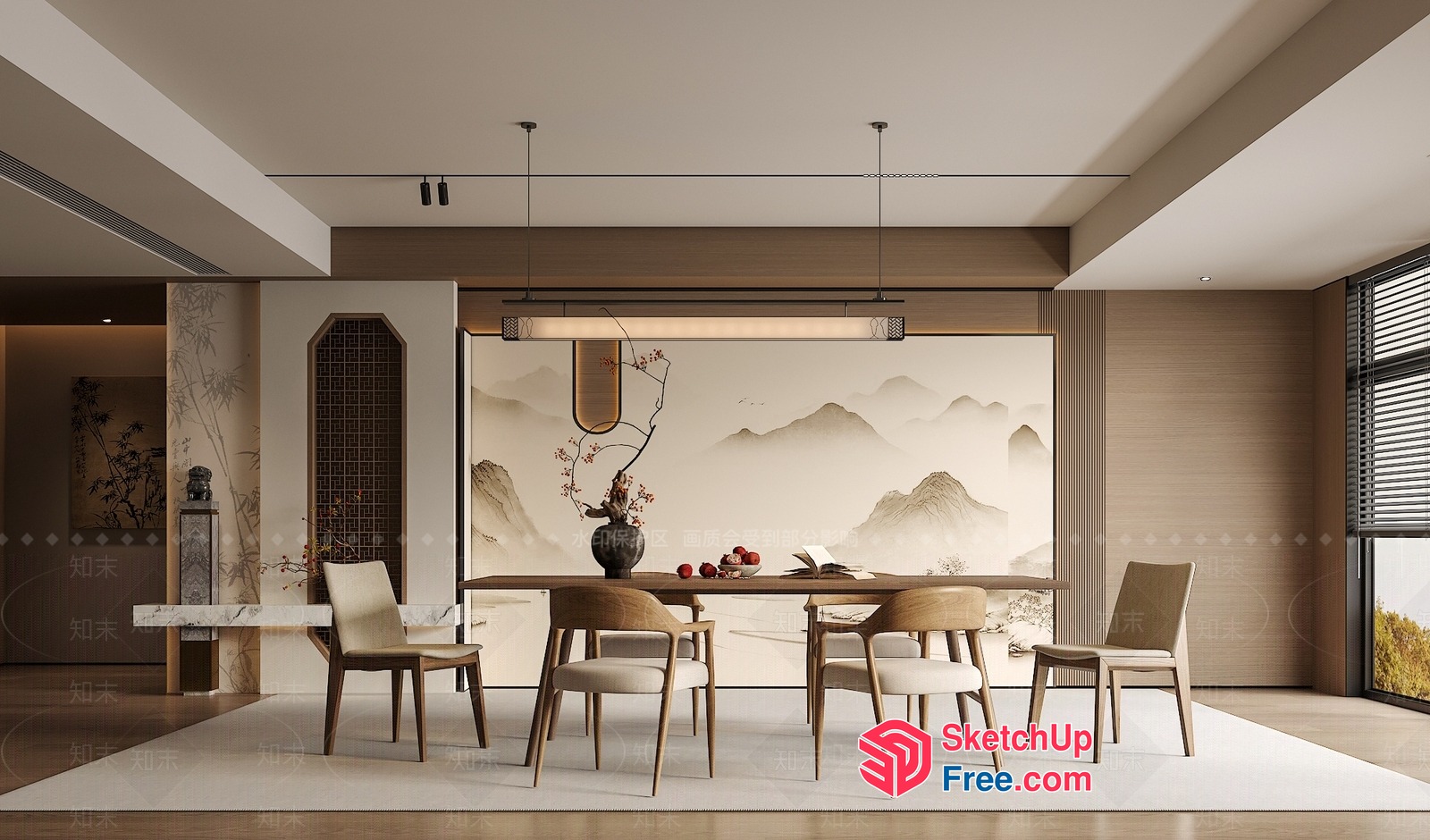 Elegant Japanese-Style Dining Room With Minimalist Furniture 3D SketchUp File