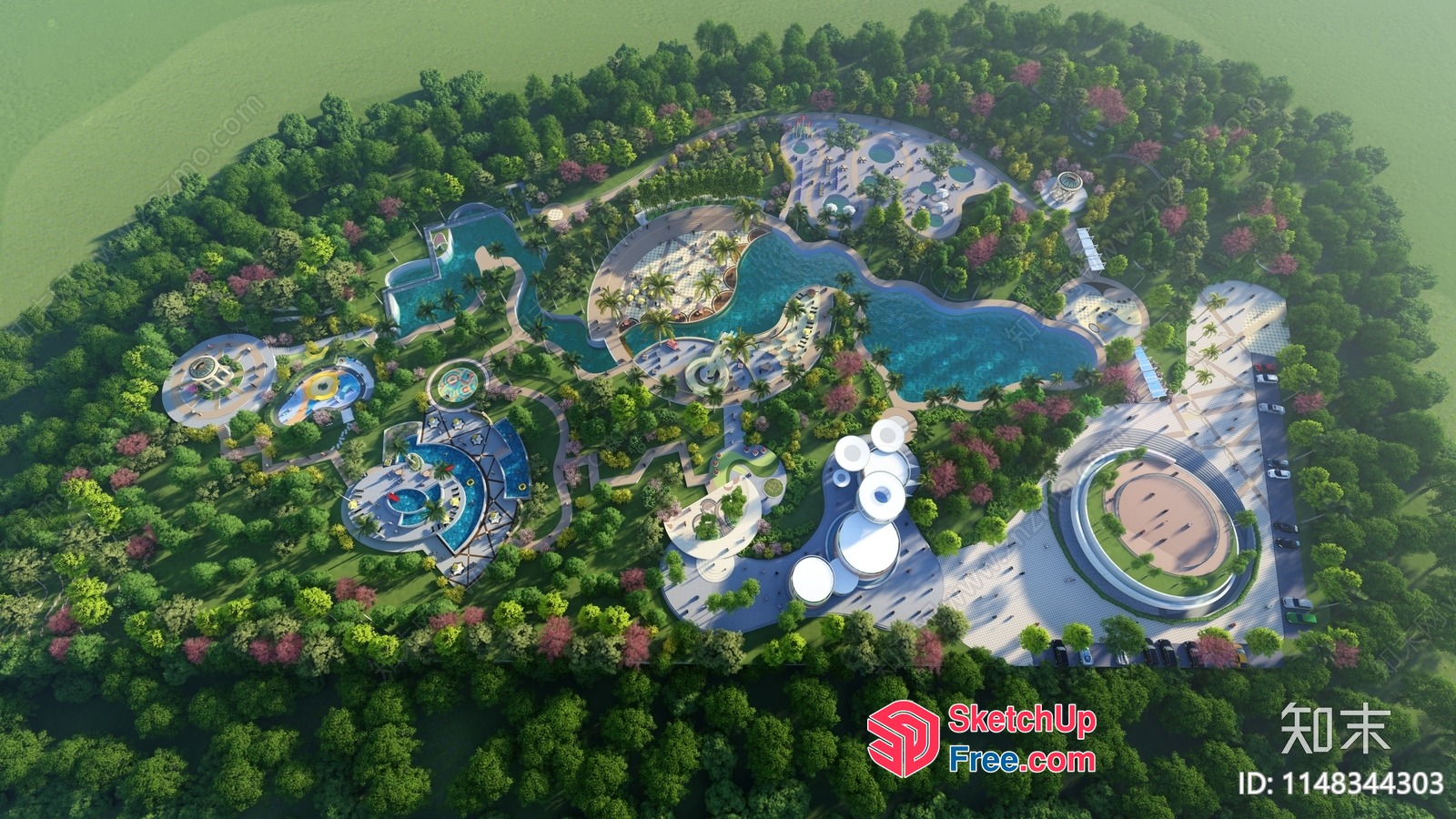 Aerial View Of A Resort With Multiple Pools And Buildings 3D SketchUp File