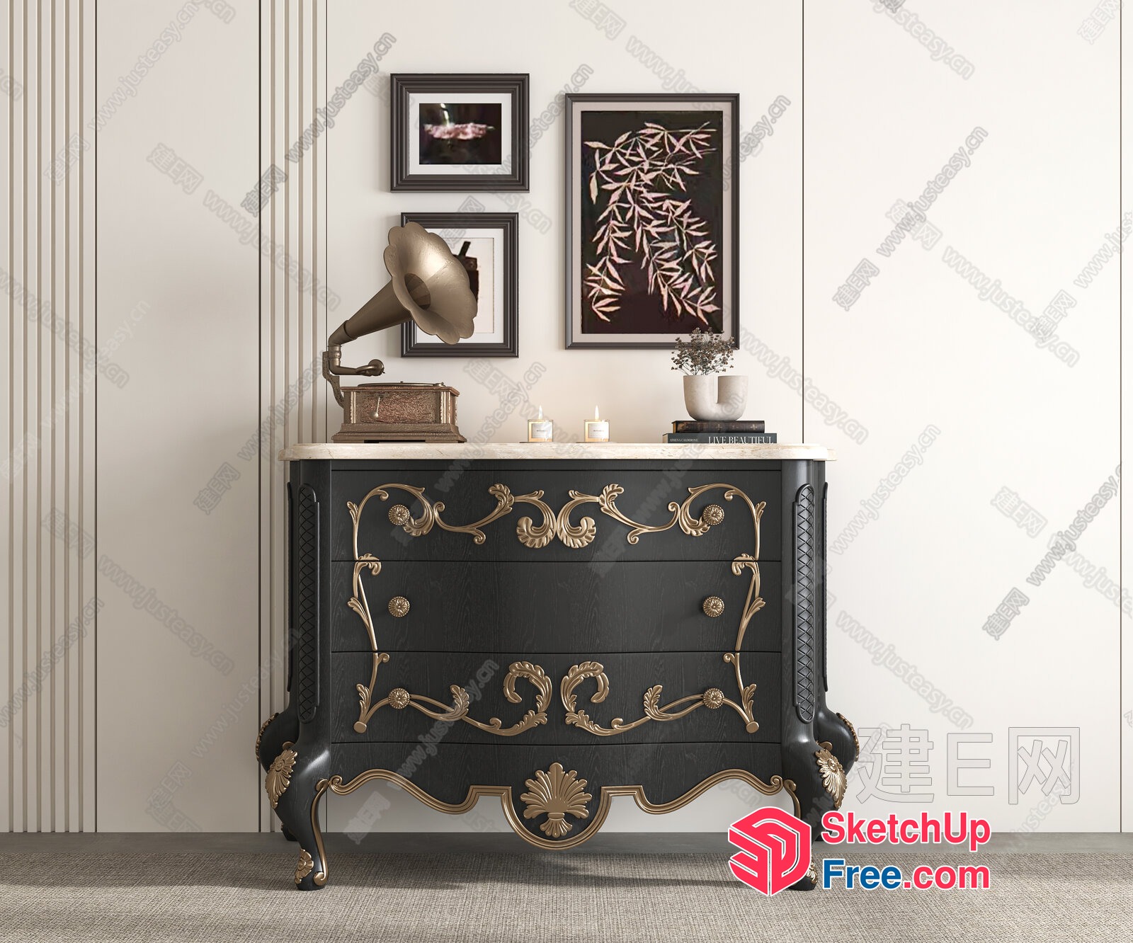 Elegant Black And Gold Antique Dresser 3D SketchUp File