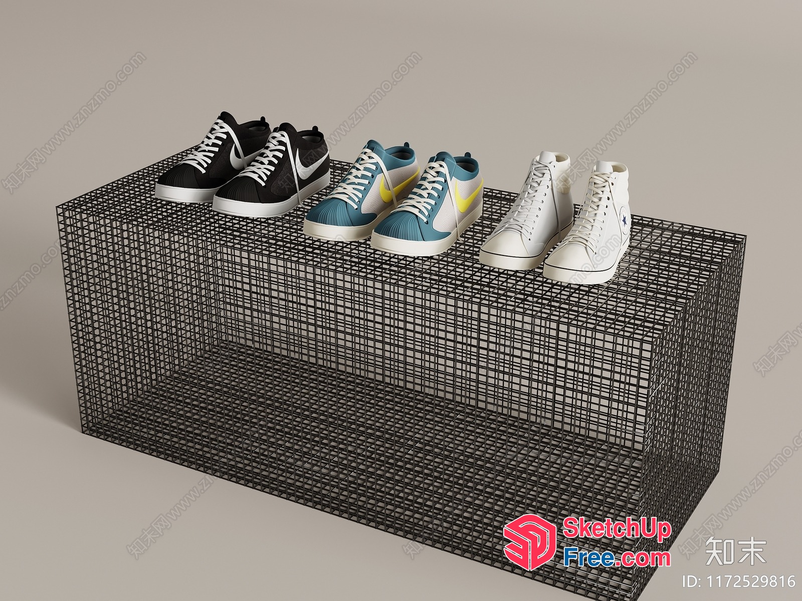 Three Pairs Of Sneakers On A Wire Mesh Display 3D SketchUp File