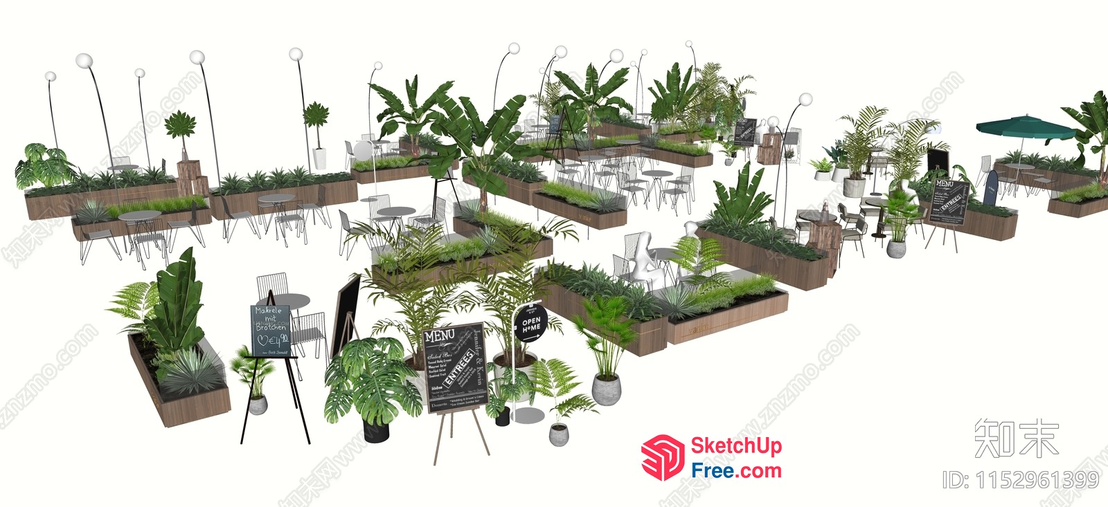 Outdoor Cafe With Tropical Plants And Decorative Elements 3D SketchUp File
