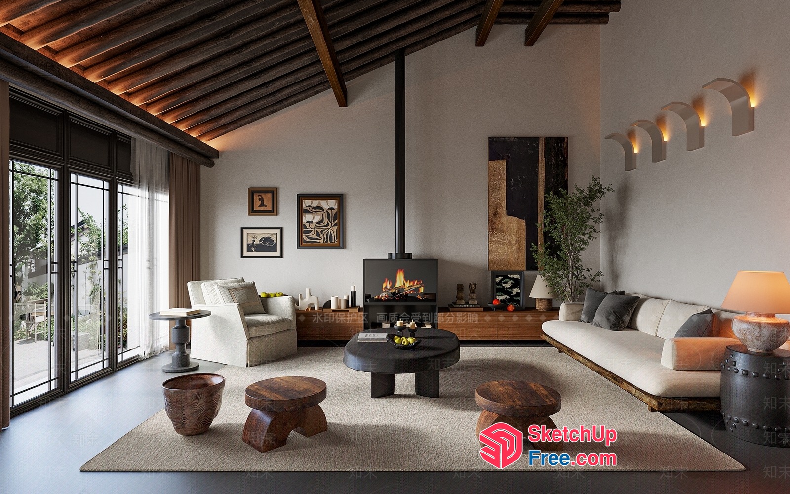 Modern Asian-Inspired Living Room With Wood Accents 3D SketchUp File