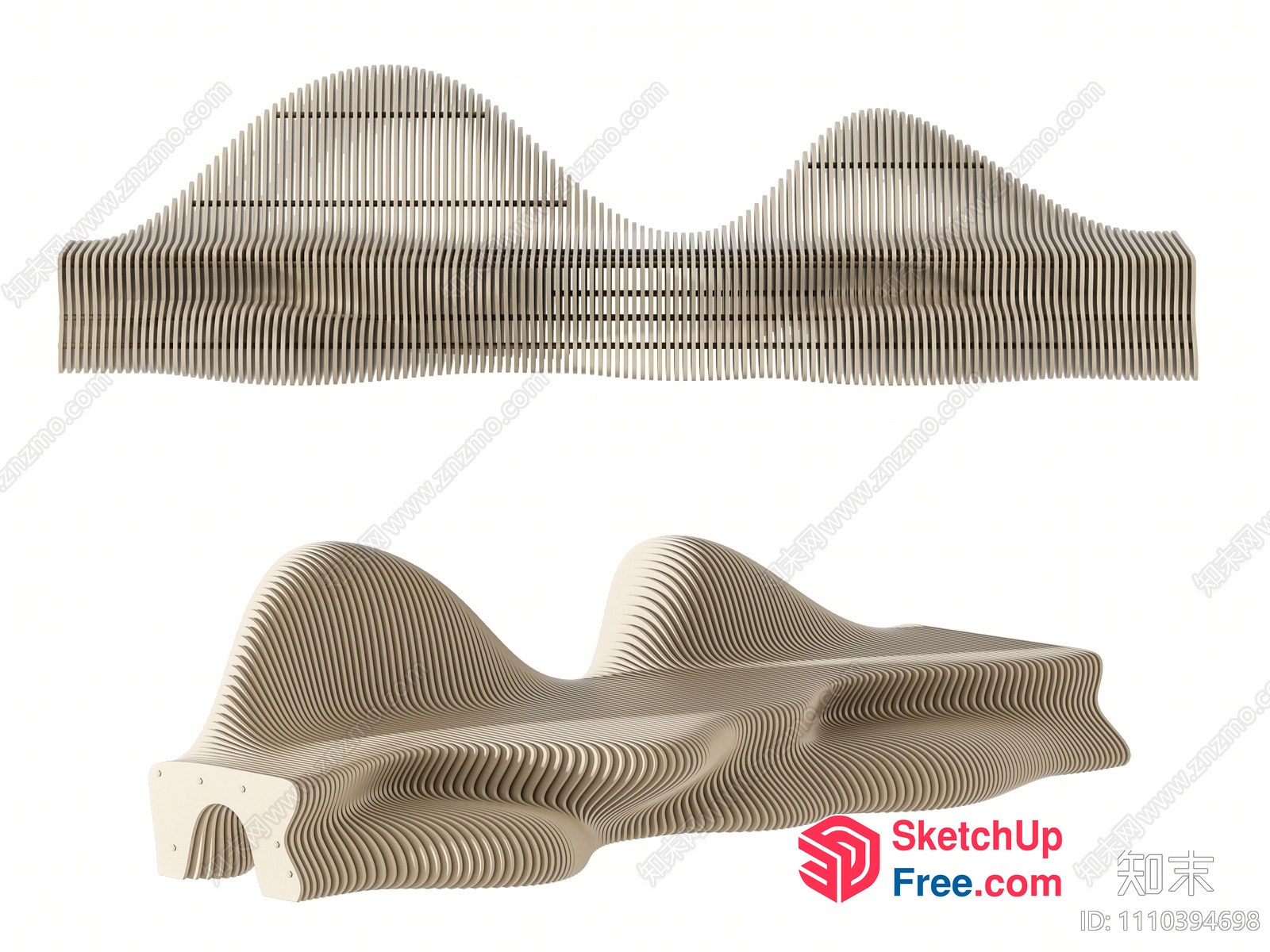 Wavy Wood Patterned Bench 3D SketchUp File