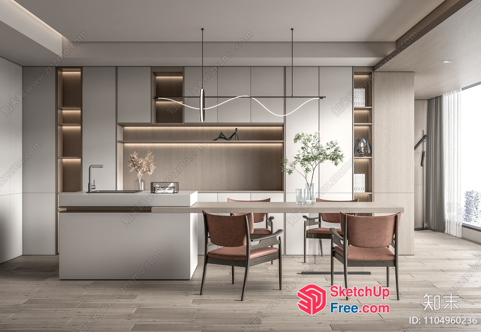 Modern Kitchen Island With Dining Table Set 3D SketchUp File