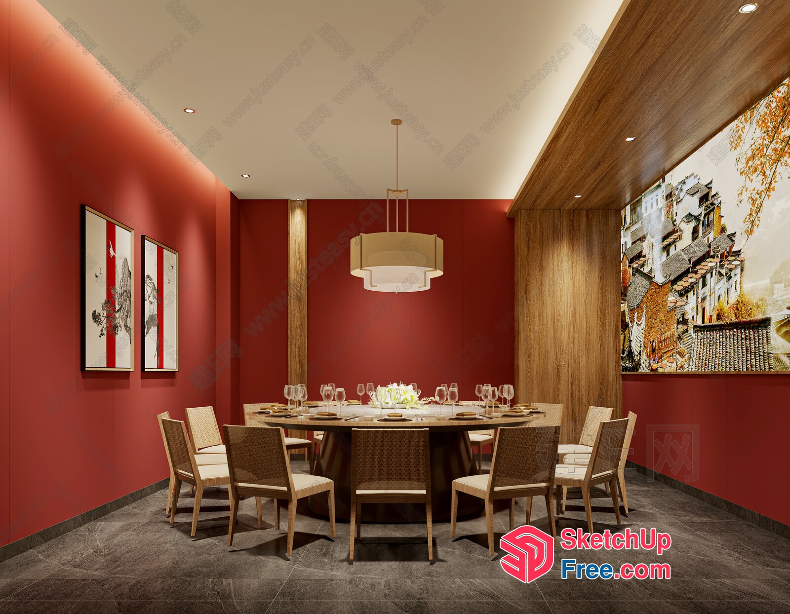 Elegant Dining Room With Modern Light Fixture And Artwork 3D SketchUp File