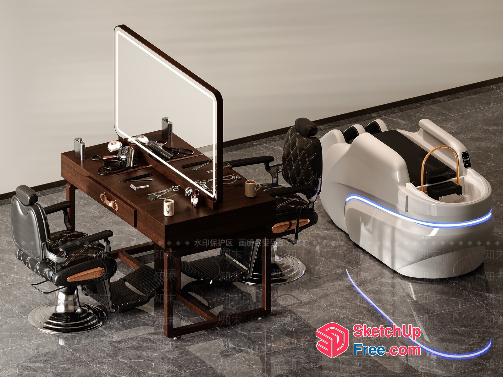 Modern Barbershop Interior With Stylish Furniture And Accessories 3D SketchUp File