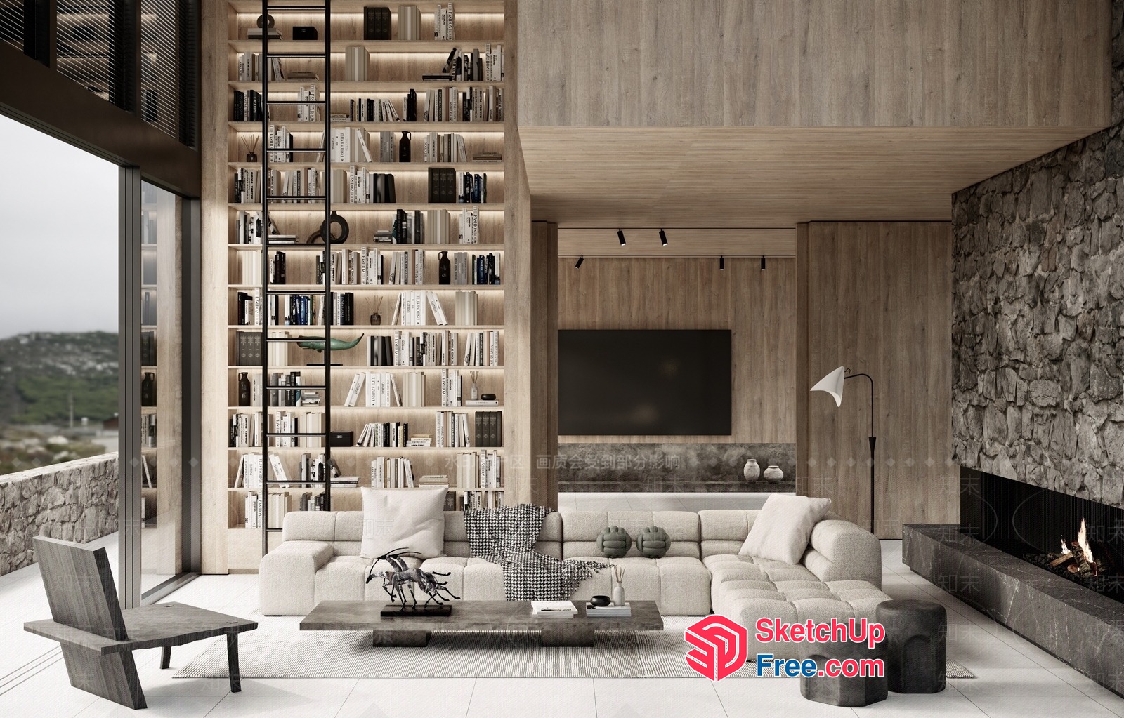 Modern Minimalist Living Room With Fireplace And Bookcase 3D SketchUp File