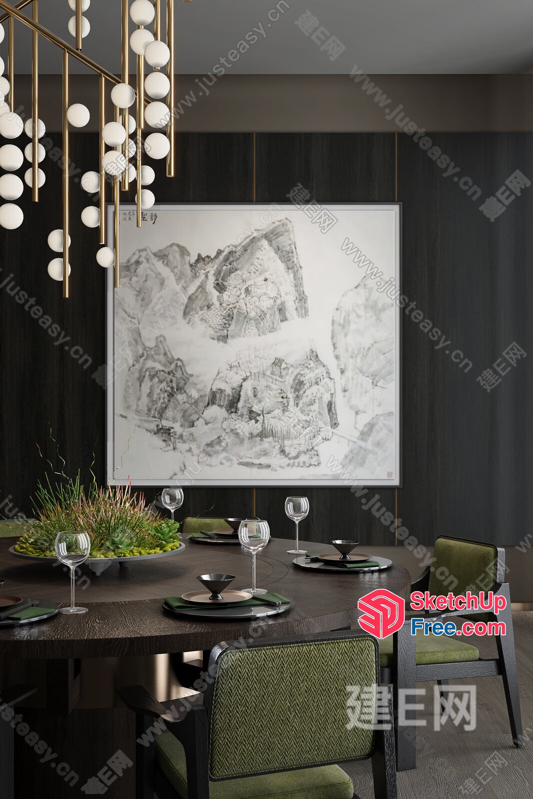 Elegant Dining Room With Modern Chandelier And Artistic Painting 3D SketchUp File